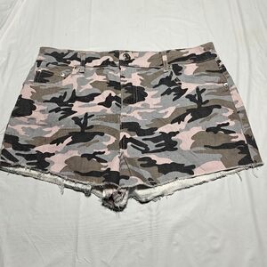 Almost Famous Super High Rise Denim Shorts  Pink Camo Cut Off Frayed Size 13